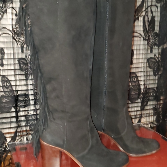 GIANNI BINI KNEE HIGH BOOTS, WITH BACK FRINGE, SUEDE, BLACK, BEAUTIFUL,SIZE 11 - Picture 6 of 14
